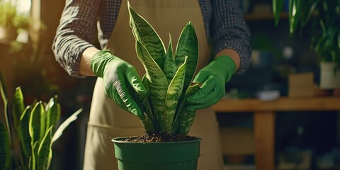 Person with Potted Plant and Green Gloves