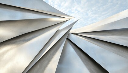 Fototapeta premium An abstract representation of metallic textures and angular shapes, creating a dynamic interplay of light and shadow against a cloudy sky.
