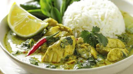 Delicious green chicken curry served with rice and lime.