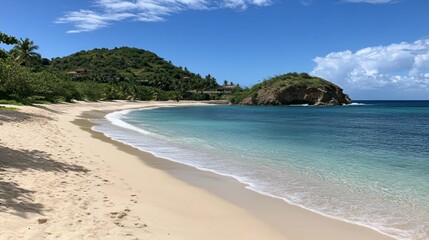 Obraz premium Tranquil Beach Landscape with Clear Water and Lush Green Hills