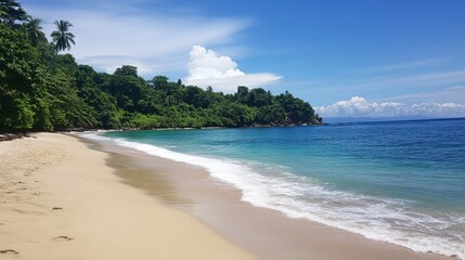 Obraz premium Serene Tropical Beach with Clear Water and Lush Green Landscape