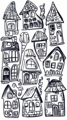 Fototapeta premium Whimsical hand-drawn houses, village illustration, fairytale background, design element.