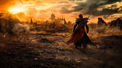 Lone warrior stands in desolate, ruined landscape at sunset.