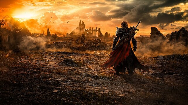 Fototapeta Lone warrior stands in desolate, ruined landscape at sunset.