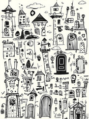 Obraz premium Whimsical Hand-Drawn Town Elements; Buildings, Doors, Clocks; Fantasy Setting; Graphic Design Asset.