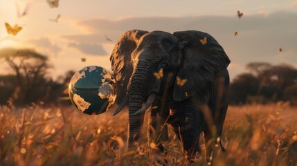 Elephant holding Earth globe in sunset savanna.