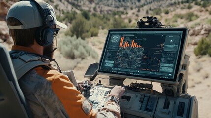 Military personnel monitors advanced technology in a remote desert location during a tactical operation