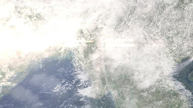 Zooming in on Monywa, Myanmar frome space - Perfect for Travel Intros and Backgrounds. Realistic 3D Animation.