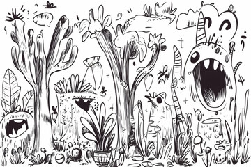 Whimsical monster garden sketch, playful creatures, background texture, children's book illustration.