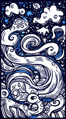 Whimsical Space Doodle Art Galaxy swirls, UFOs, stars; cosmic background; design element.