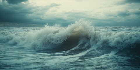 Fototapeta premium Dramatic Ocean Wave Crashing Under Stormy Skies