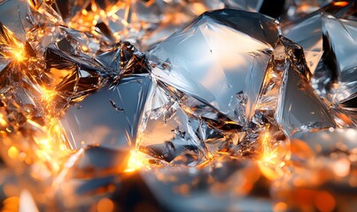 An abstract scene featuring a metallic geometric surface being crushed and fragmented