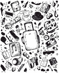 Whimsical Travel Doodle Packed Suitcase, Cityscape Background,  Website Design.