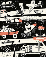 Whimsical transport illustration, vehicles, plane, background doodles, kids room decor.