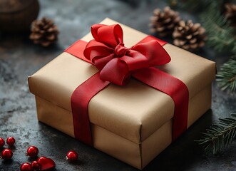 Festive Gift Box with a Red Ribbon and Pine Cones


