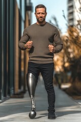 Obraz premium Confident man with a prosthetic leg walks down modern urban sidewalk in daylight