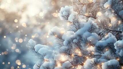 A Snow-Capped Pine Tree Sparkling with Lights in a Tranquil Winter Wonderland