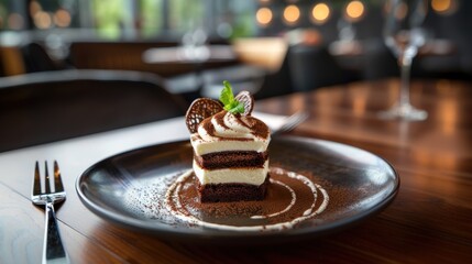Delicious tiramisu dessert on a dark plate.