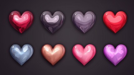 Colorful heart shapes arranged in a grid showcasing various shades and textures created for a decorative purpose