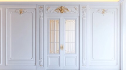 Elegant white wall paneling with gold accents and French doors.