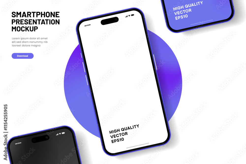 Poster Realistic smartphone mockup. Mobile phone vector with isolated on white background. Device front view. 3D mobile phone with shadow. Realistic, high quality smart phone mockup for ui ux presentation.