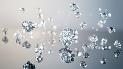 Sparkling diamonds float in mid-air against a soft, grey background.