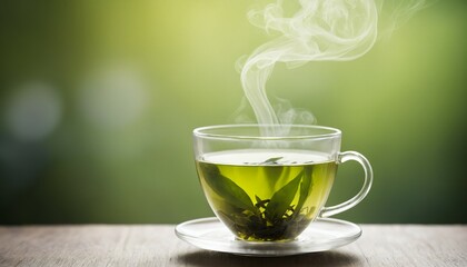 Steamy cup of green tea with soft background blur