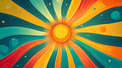 Vintage carnival circus background: retro and style with sun, rainbow swirl pattern, and radial circular motifs. parhelion. illustration. Parhelia. Illustration