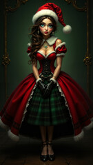 Fototapeta premium A stunning woman dressed in a festive red outfit with intricate lace details and a Santa hat. Her piercing gaze and elegant jewelry capture the magic of the holiday season.