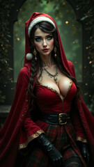 Fototapeta premium A stunning woman dressed in a festive red outfit with intricate lace details and a Santa hat. Her piercing gaze and elegant jewelry capture the magic of the holiday season.