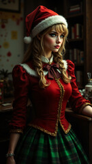 Fototapeta premium A stunning woman dressed in a festive red outfit with intricate lace details and a Santa hat. Her piercing gaze and elegant jewelry capture the magic of the holiday season.