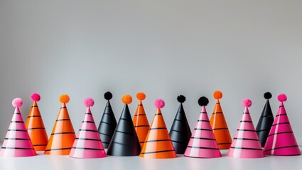 Festive Striped Party Hats Pink Black Orange Cones
