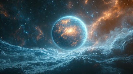 Obraz premium A mesmerizing cosmic scene featuring a vibrant planet with fiery orange and cool blue hues, set against a backdrop of swirling nebulae and star-dusted clouds. 