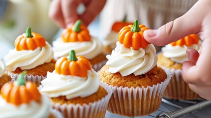 Child decorating pumpkin spice cupcakes with frosting and miniature pumpkins.
