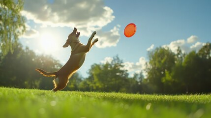 Dog jumping to catch a frisbee in a sunny park.