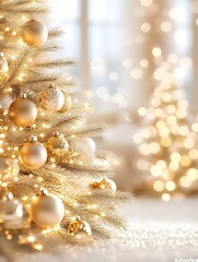 Christmas background. Christmas tree decorated in gold and beige and beige room