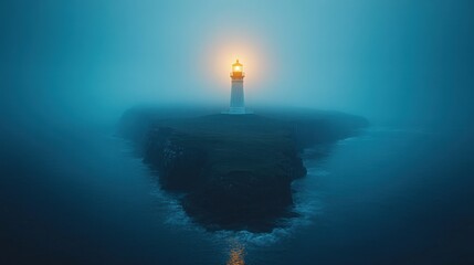 Fototapeta premium A solitary lighthouse shines through fog, guiding ships in a tranquil sea.