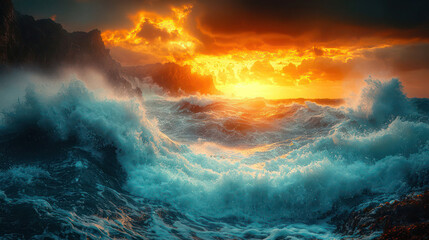 Fototapeta premium A dramatic seascape with crashing waves against a rocky coastline, capturing the raw power of nature.
