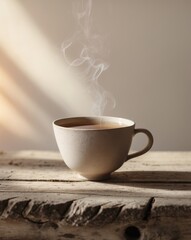 Delicate Ceramic Cup with Steaming Liquid on Wooden Surface in Soft Natural Light