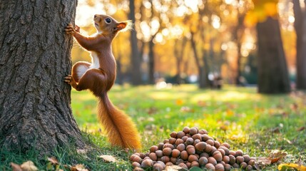 Squirrel climbing a tree with nuts nearby.