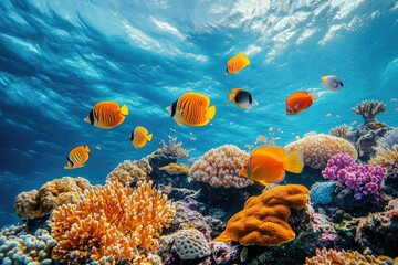 Naklejka premium Vibrant Reef Fish Swim Above Colorful Coral