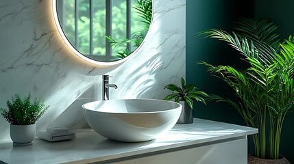 Fototapeta premium Modern bathroom with white sink, marble countertop, plants, and round mirror.