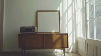 Sunlit room with vintage radio, empty frame, and mid-century cabinet.