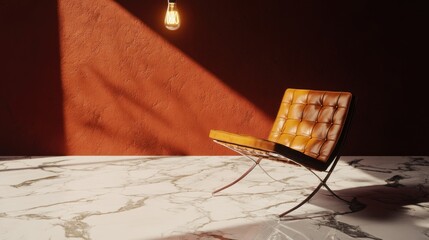 Tan leather chair in sunlit room.