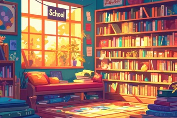 Cozy school library filled with books and sunlight, inviting learning and relaxation.