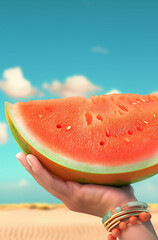 A hand holding up a large watermelon slice against a sunny sky backdrop. Vibrant and refreshing still life showcasing summer vibes.