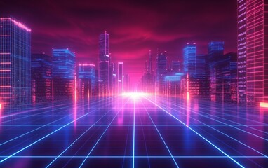 Futuristic Neon gridlines overlaid with digital data and tech motifs. Generative AI