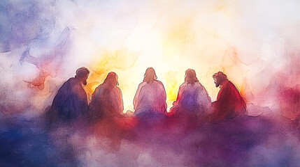 Jesus Teaching the Lord Prayer Jesus teaching his disciples to pray, with a serene expression and a glowing background.all soft, dynamic, soft minimalist watercolor, fine art