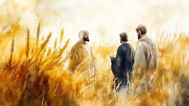 Jesus telling the parable of the wheat and the tares.all soft, dynamic, soft minimalist watercolor, fine art art, beautiful lighting