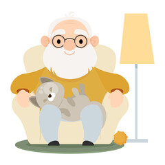 Senior elderly man sits in a soft chair at home with a cat on his lap